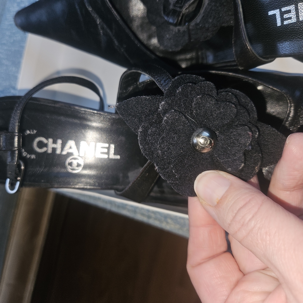 Chanel Black Camellia Sandals